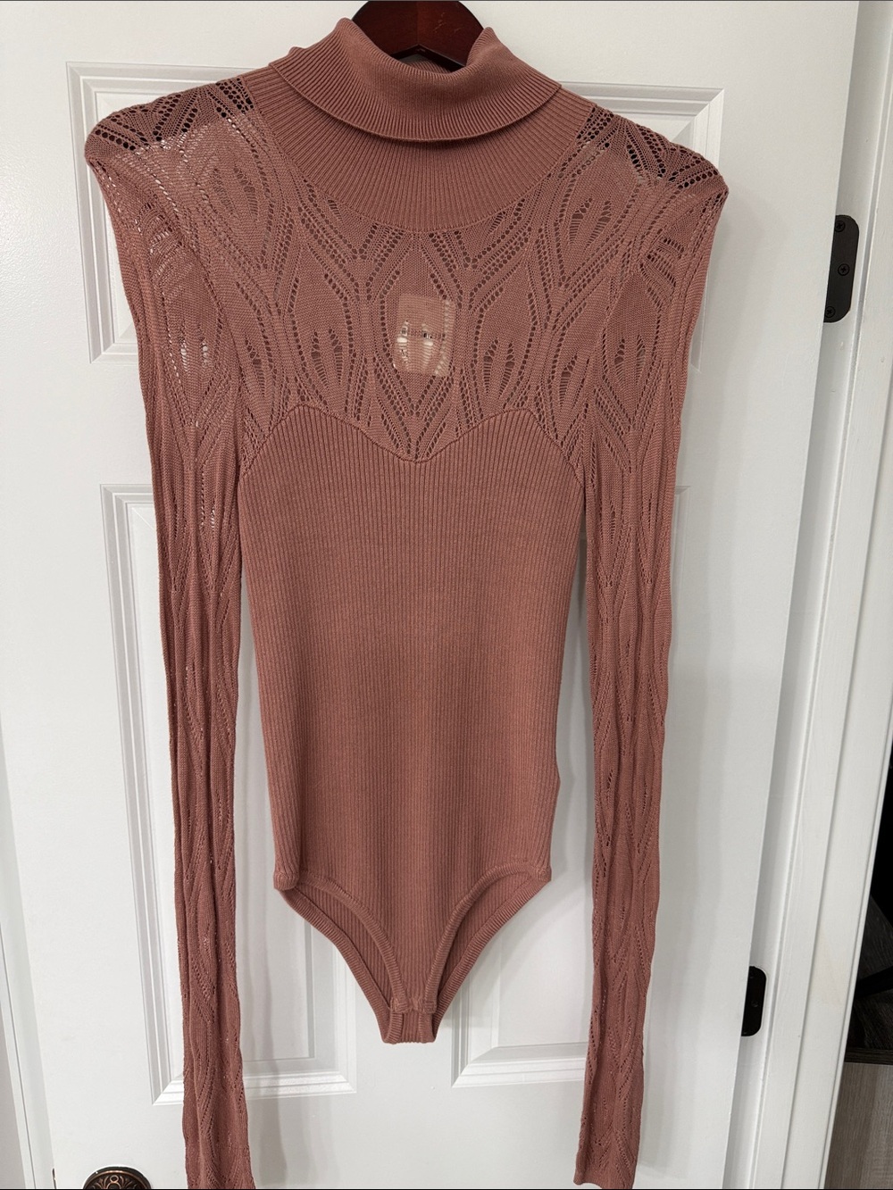 Mock Neck Open-Knit Long Sleeve Bodysuit in Mauve